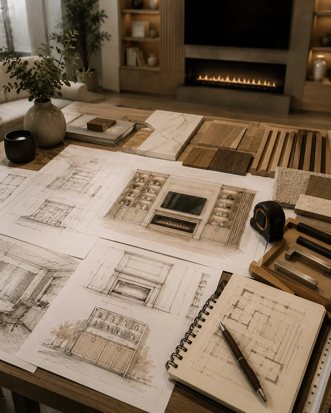 Architectural design consultation workspace with media wall drawings, cabinetry elevations, material samples, fireplace concepts, finish selections, and project planning documents for a custom Texas home.