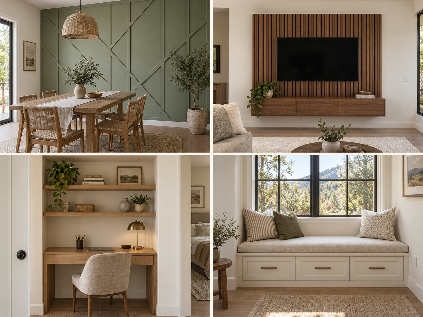 Collage of four interior home rooms including a dining room, living room with TV, workspace, and a window nook with cushions, all with natural, neutral decor.