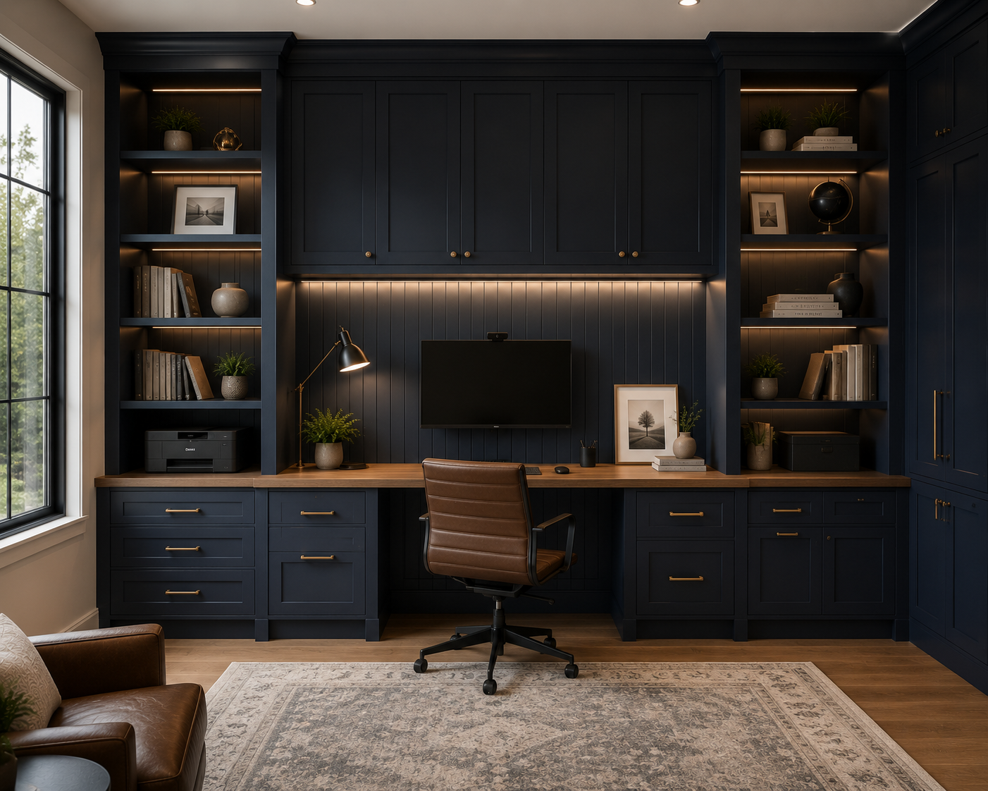 Dark navy built-in home office with long desk, upper cabinets, bookshelves, concealed storage, and task lighting