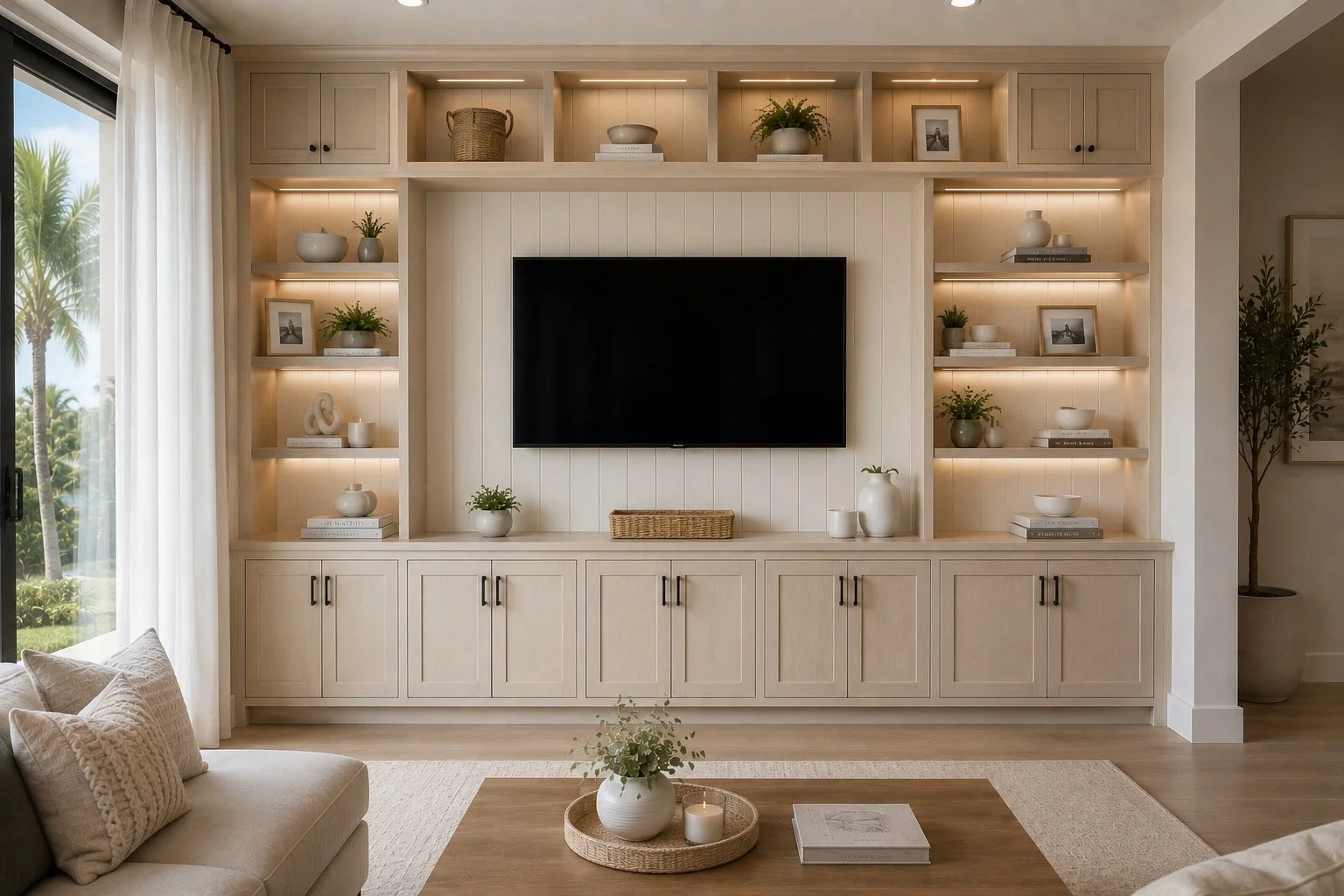 Custom built-in cabinet wall with shelving and storage in Florida living room