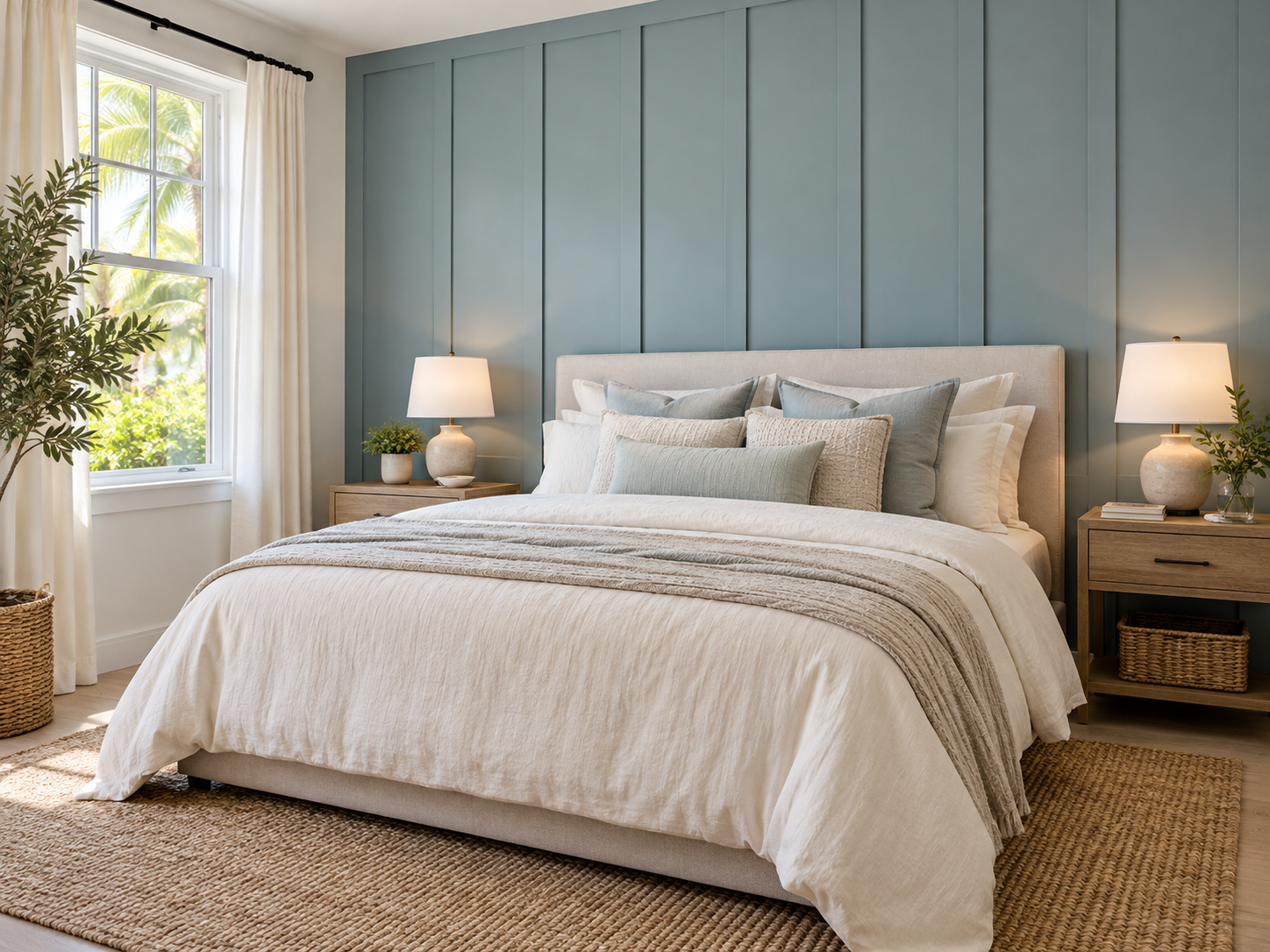 A neatly made bed with multiple light-colored pillows in a cozy bedroom with a blue paneled accent wall, wooden nightstands with lamps, a large window with white curtains, a green plant near the window, and a woven rug on the wooden floor.