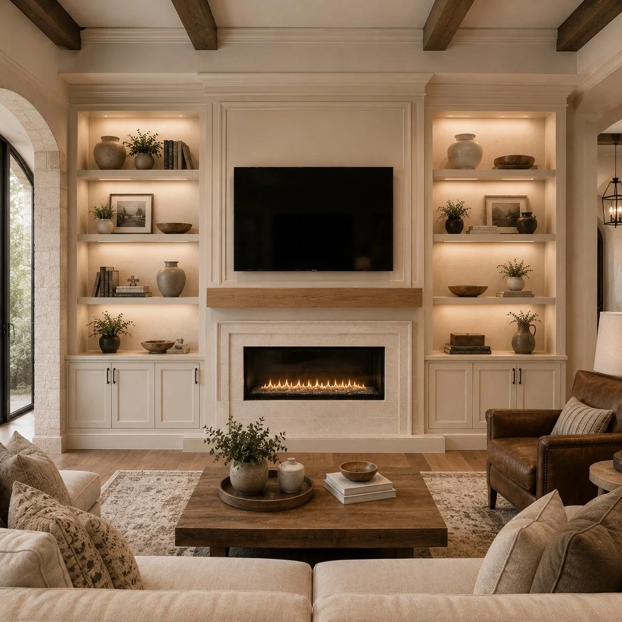 Warm transitional San Antonio living room with classic built-in cabinetry, decorative wall molding, integrated shelving, a custom fireplace surround, and timeless architectural detailing.