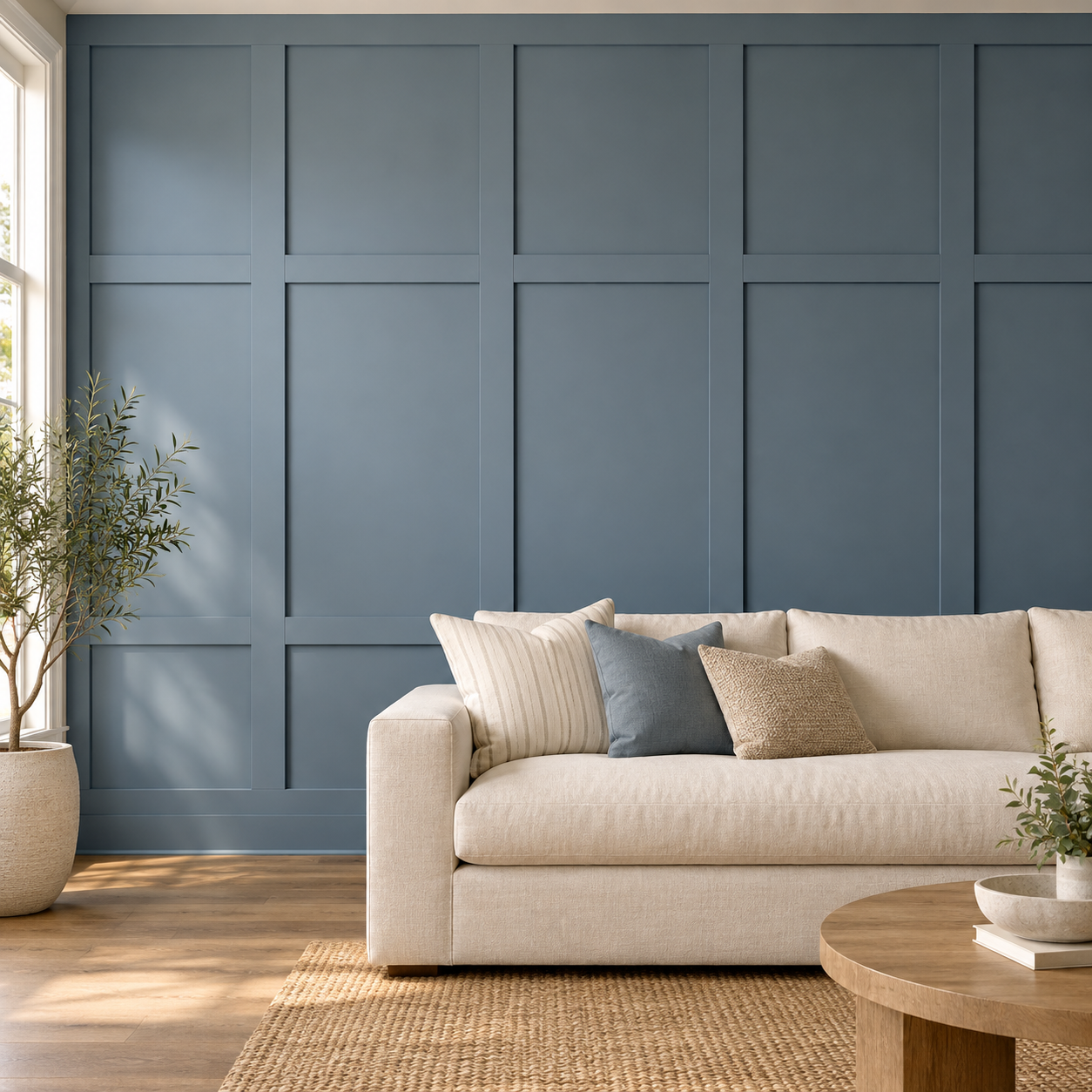 Blue board and batten accent wall with a rectangular grid pattern behind a cream sofa.