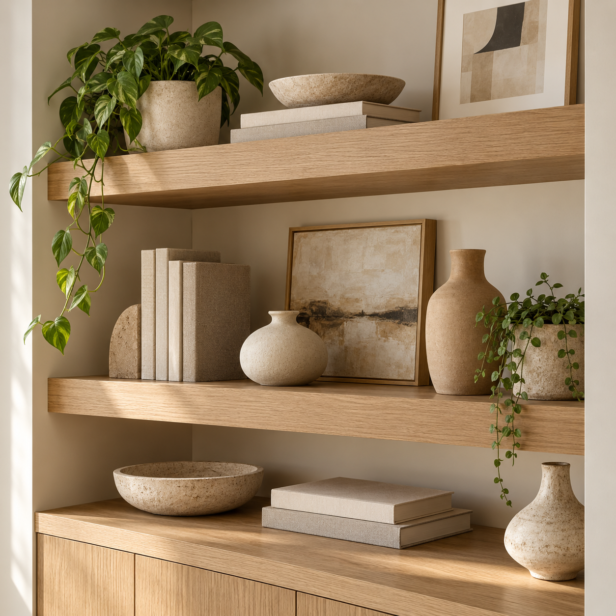 Decorative shelves with potted plants, neutral-colored vases, books, and framed artwork in a minimalistic interior.