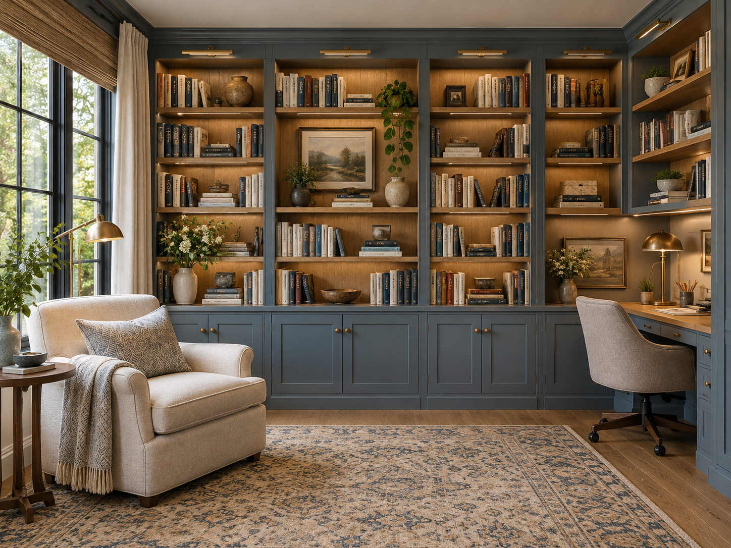 A cozy home library with a built-in blue bookcase filled with books, decorative vases, and framed artwork. A beige armchair with a pillow and blanket sits next to a small side table with a potted plant. There is a desk area with a gray swivel chair and a gold desk lamp. Natural light streams in through large windows with cream curtains, illuminating the room and a patterned rug on the wooden floor.