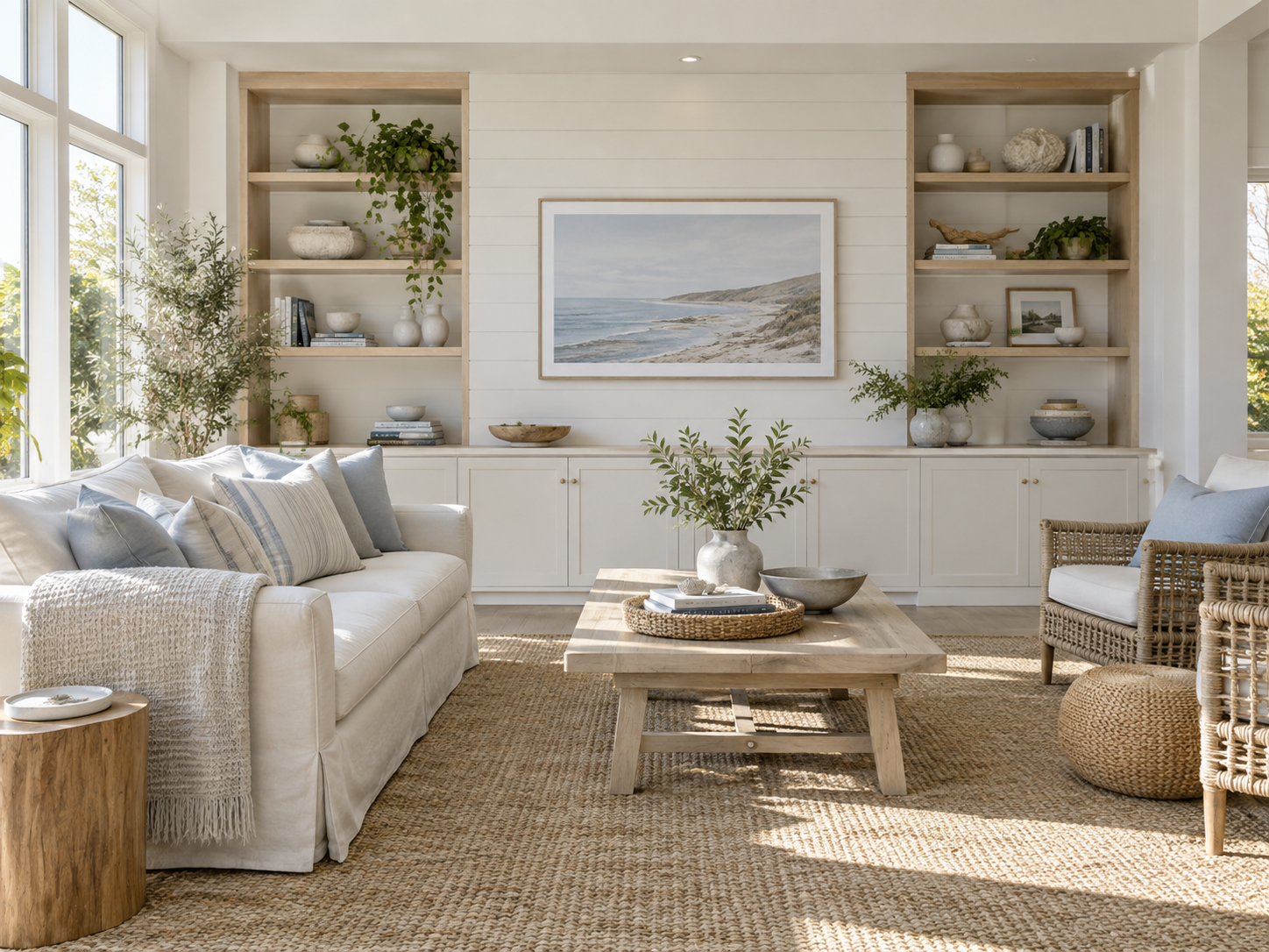 Bright living room with white sofa and woven ottoman, wooden coffee table with decorative bowls and a large vase, built-in shelves with books and ceramics, large windows, coastal artwork on the wall, and greenery throughout.