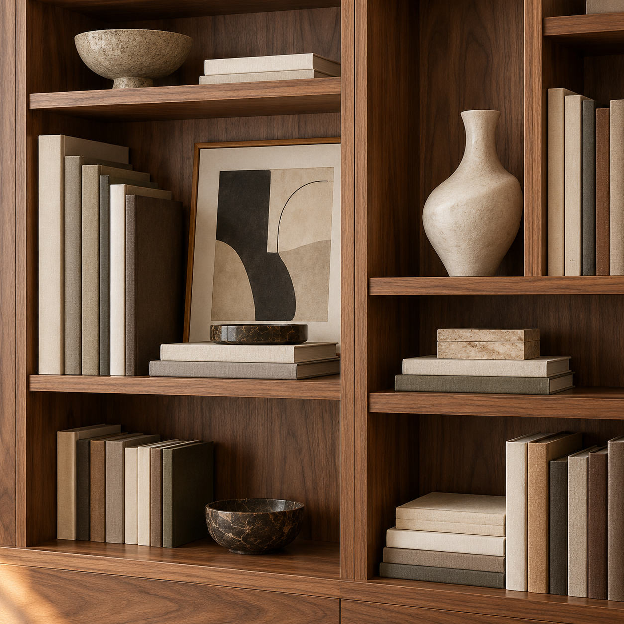 Wooden bookshelf with beige and gray books, decorative bowls, a framed abstract art piece, and ceramic vases.