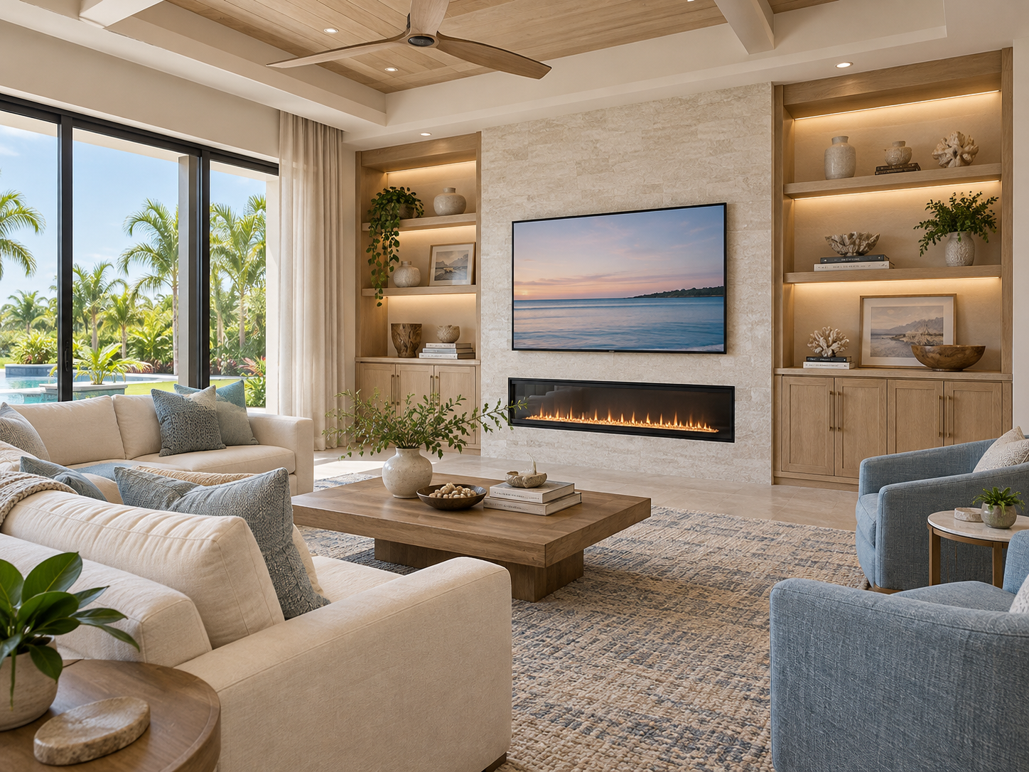 A modern living room with large sliding glass doors, a white sofa, a blue armchair, a wooden coffee table with decorative items, built-in shelves with vases and artwork, a wall-mounted TV displaying a sunset over water, and a sleek fireplace below the TV, with tropical plants visible outside.