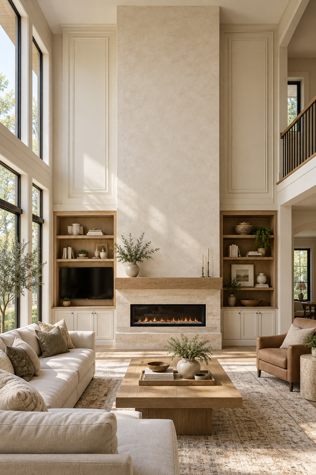 Living room with a tall fireplace, built-in wooden shelves, large windows, beige sofas, a wooden coffee table with decorative items, and natural light.