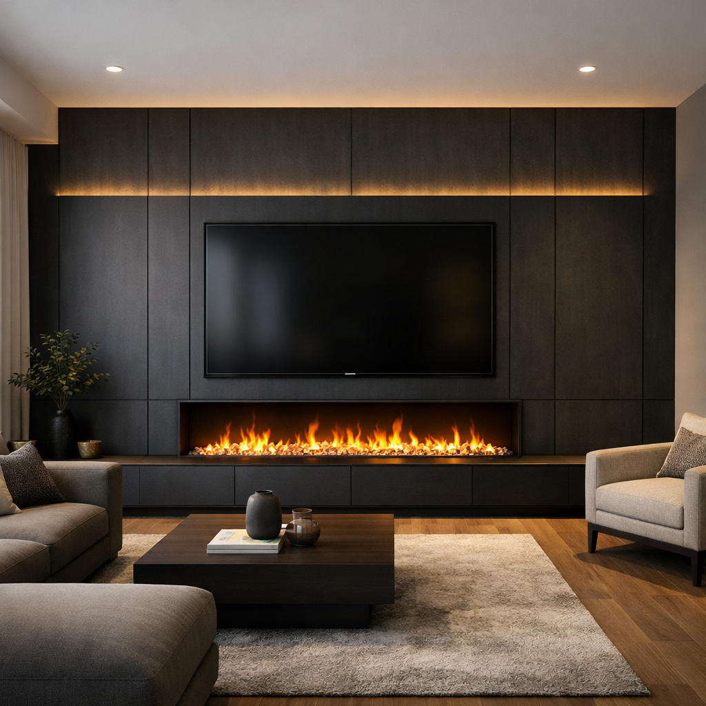 Media wall with electric fireplace under TV and LED lighting.