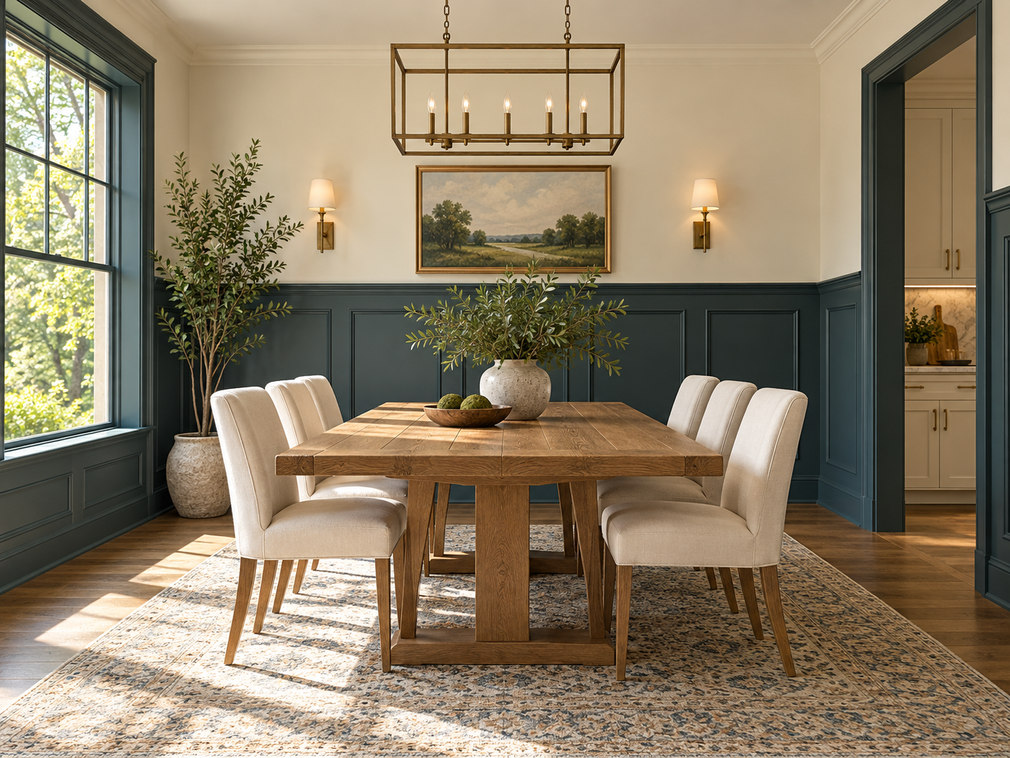 A dining room with a large wooden table surrounded by six beige upholstered chairs, a large window on the left, a potted tree in the corner, and a vase with greenery on the table. The room features blue wainscoting, a painting on the wall, two wall sconces, and a chandelier.
