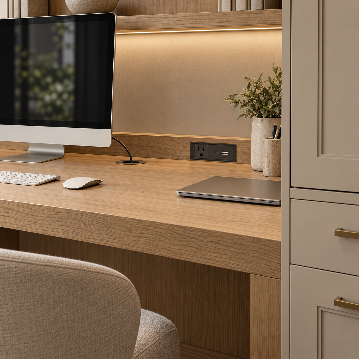 Wooden office desk with computer monitor, mouse, keyboard, closed laptop, power outlets, potted plant, and pen holder.