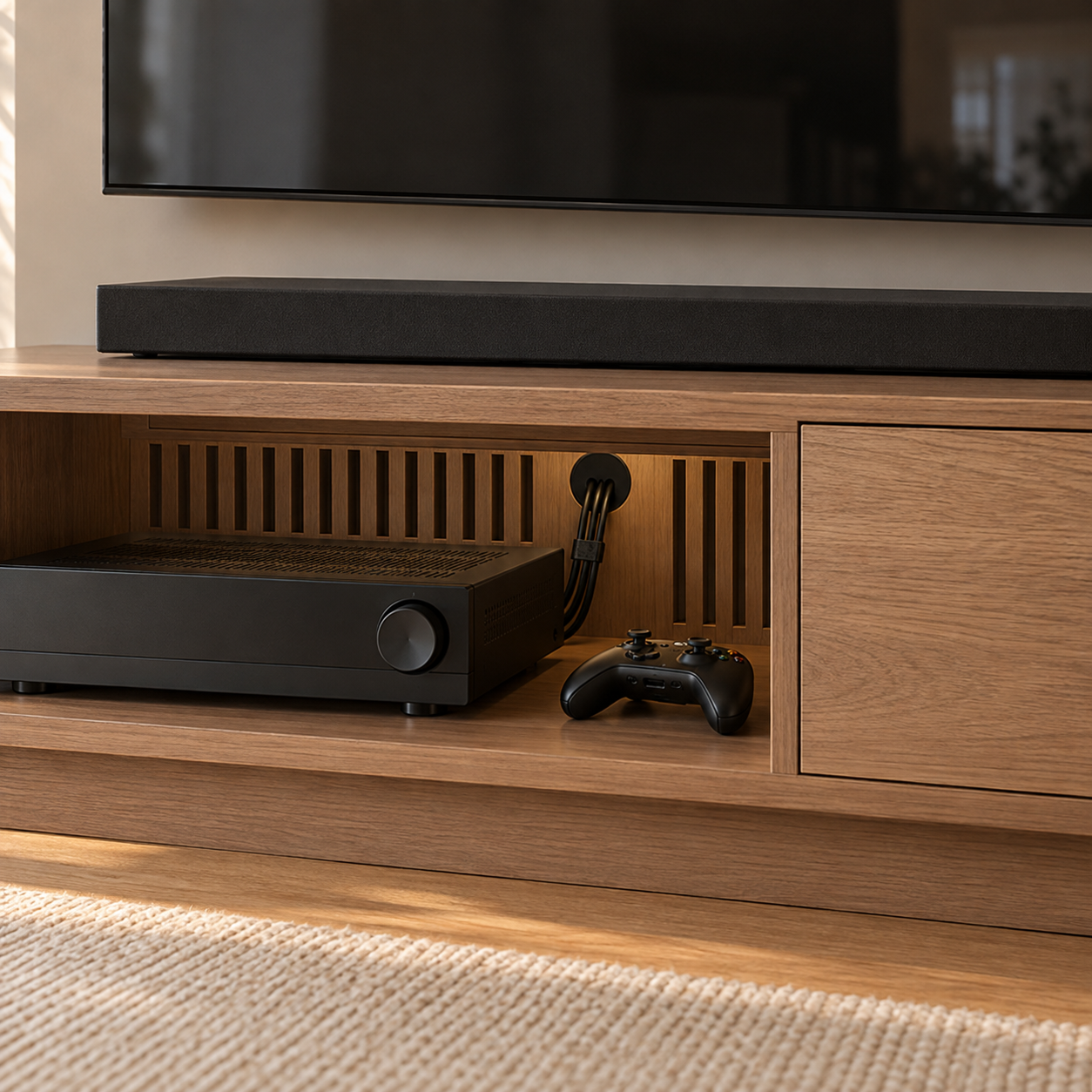 A wooden entertainment center with a black gaming console and a gaming controller inside. A television screen is mounted above, with black soundbar on top of the TV.