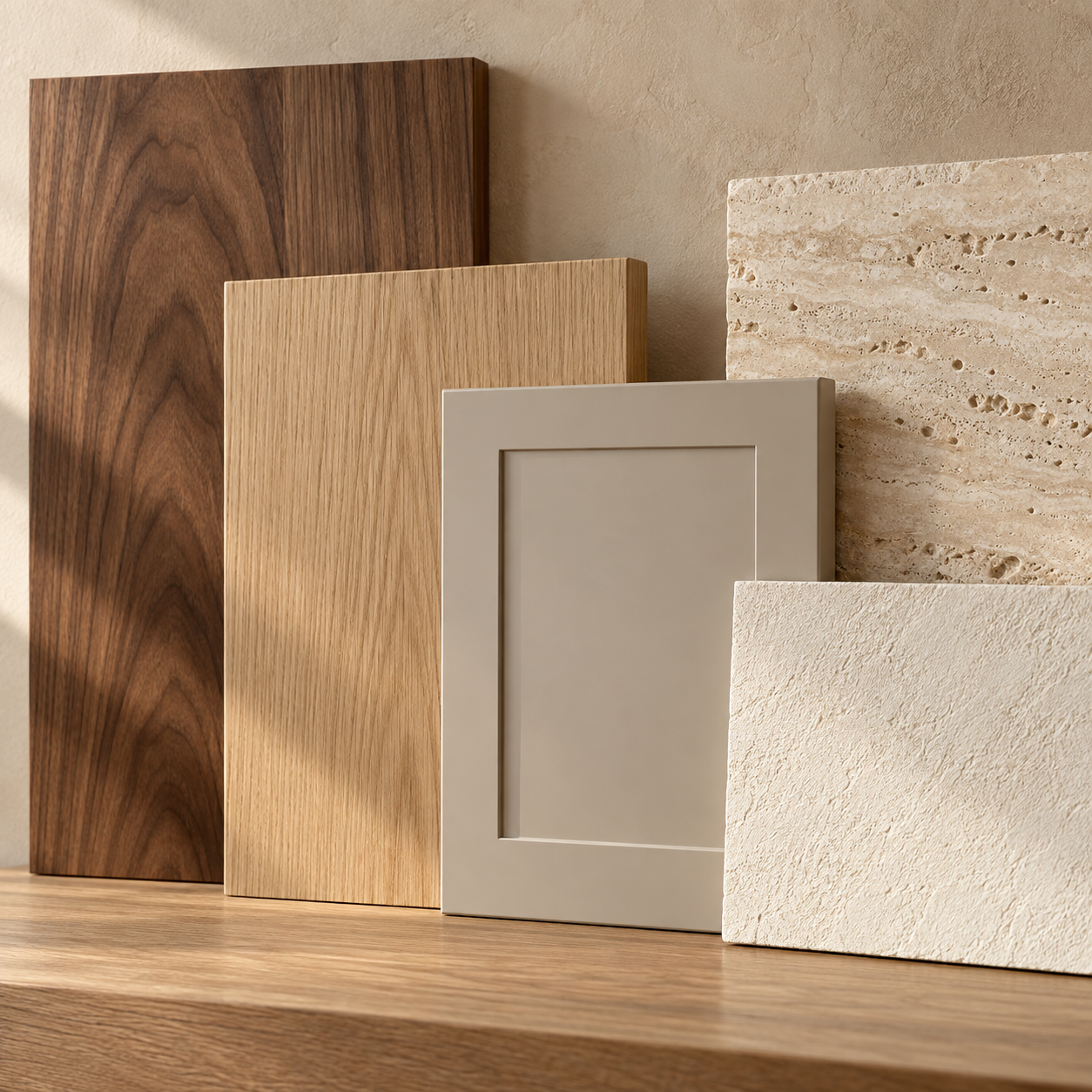 Samples of different textured and colored wall or tile panels, including wood grain, stone, and painted surfaces, arranged on a wooden surface.