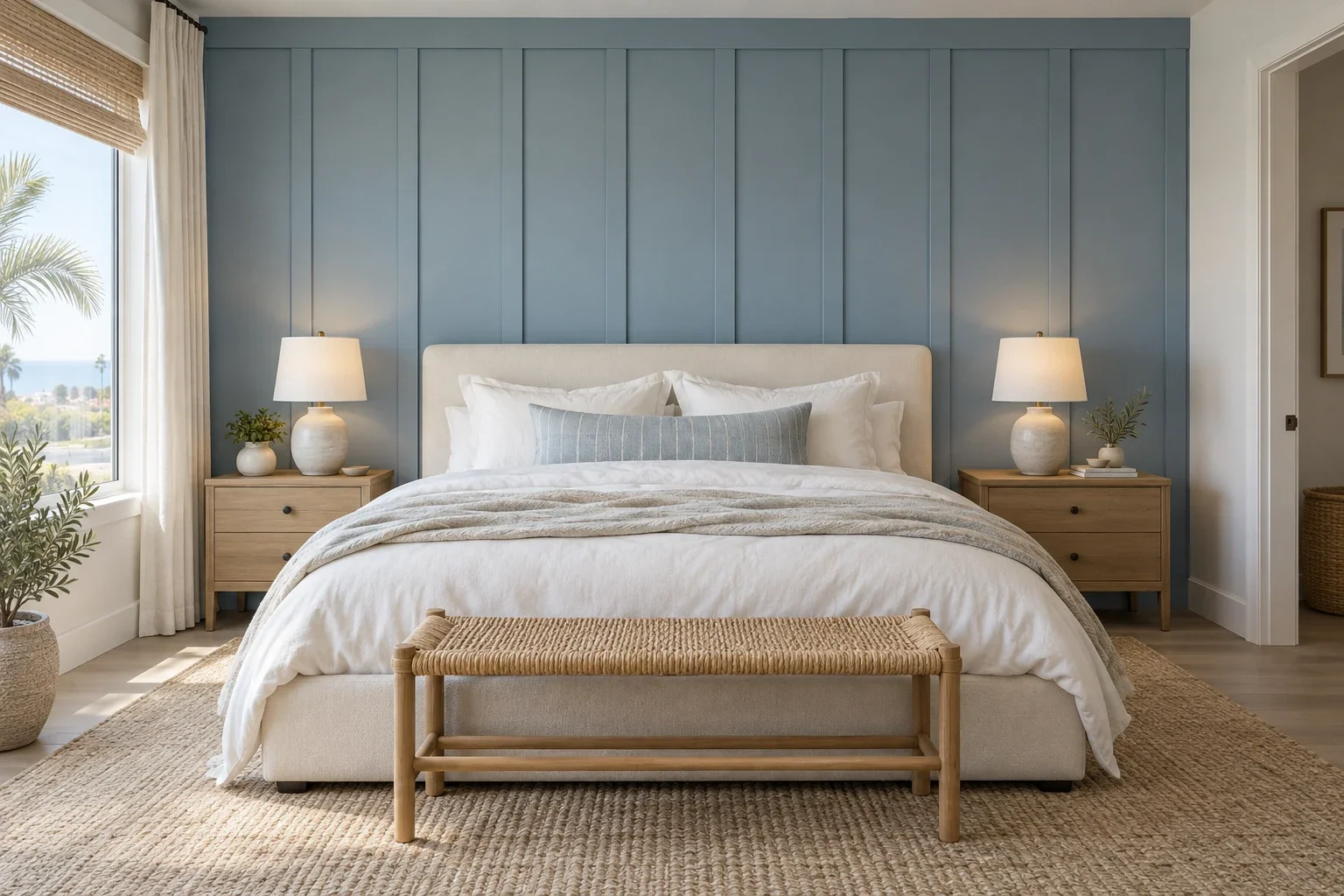 Dusty blue board-and-batten bedroom wall behind a cream upholstered bed with white linens.