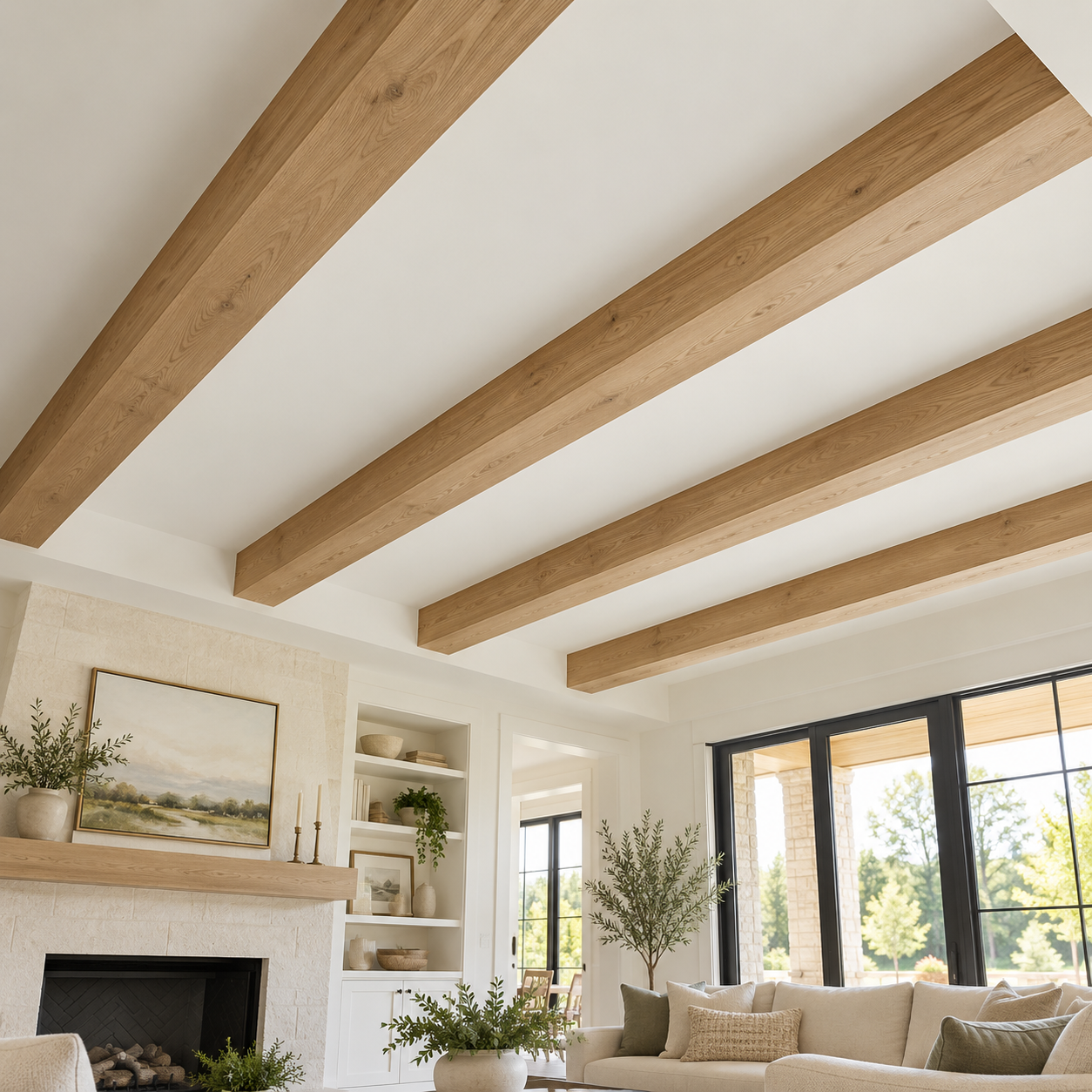 Living room with white walls, decorated with framed artwork and plants, featuring a white brick fireplace with a wooden mantel, large windows, and wooden ceiling beams.