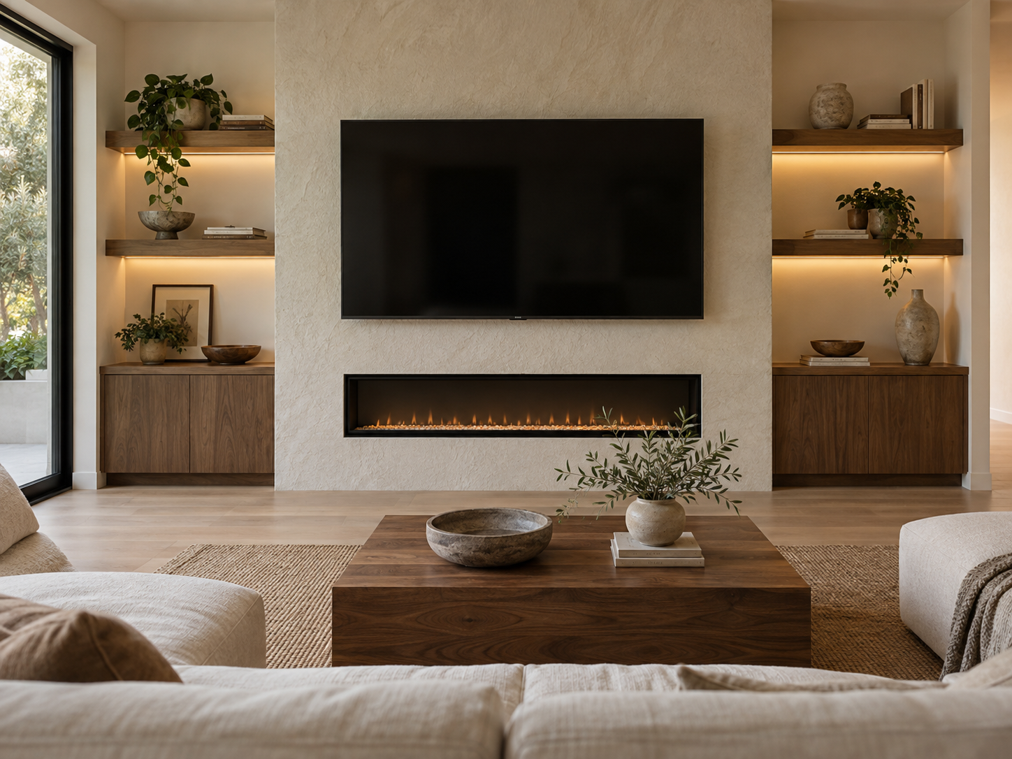 Modern living room with a wall-mounted television above a linear electric fireplace, built-in wooden shelves with decorative items, a wooden coffee table with vases and books, and a beige sofa with cushions.
