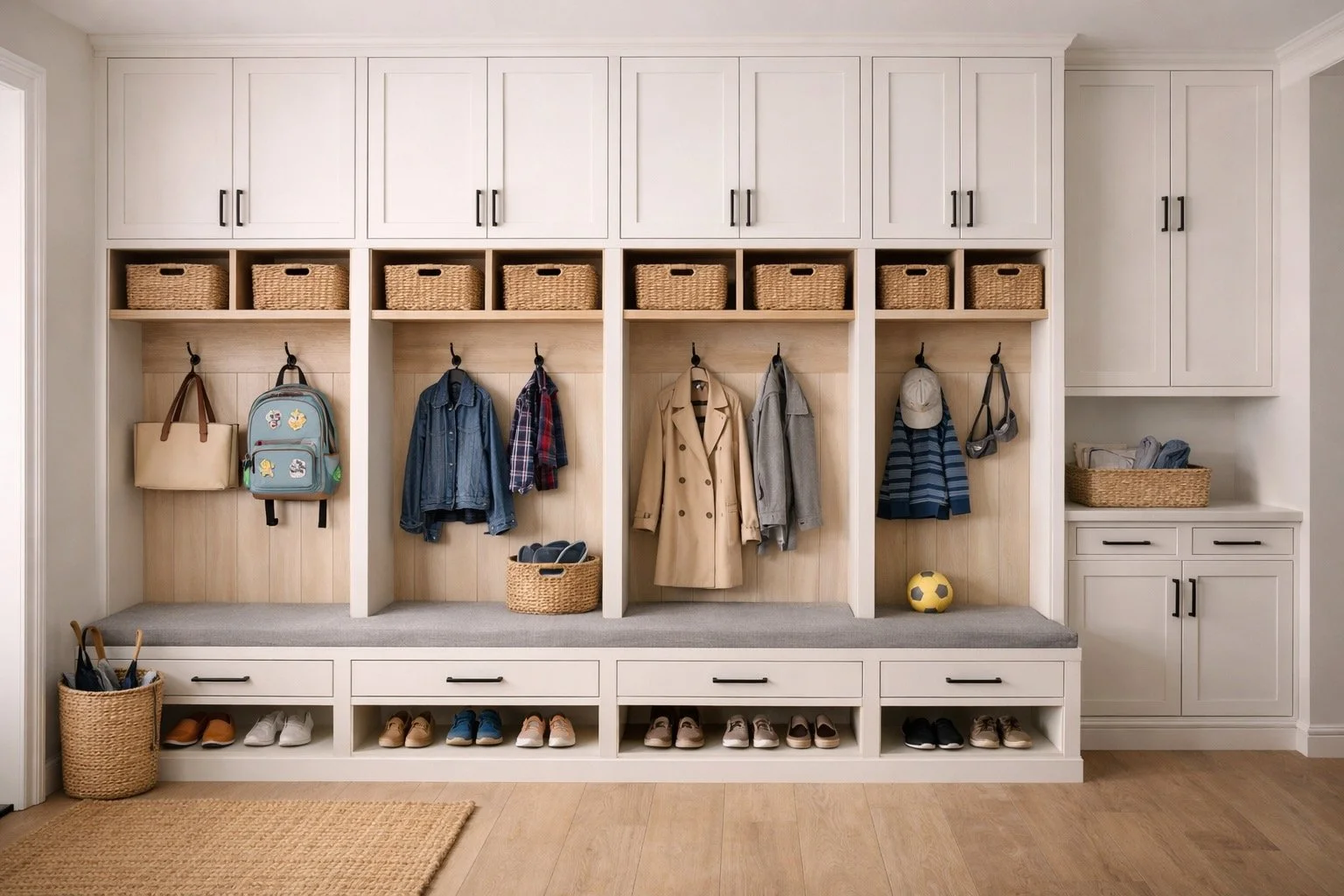 Family mudroom built-in cabinets with multiple storage sections and lockers