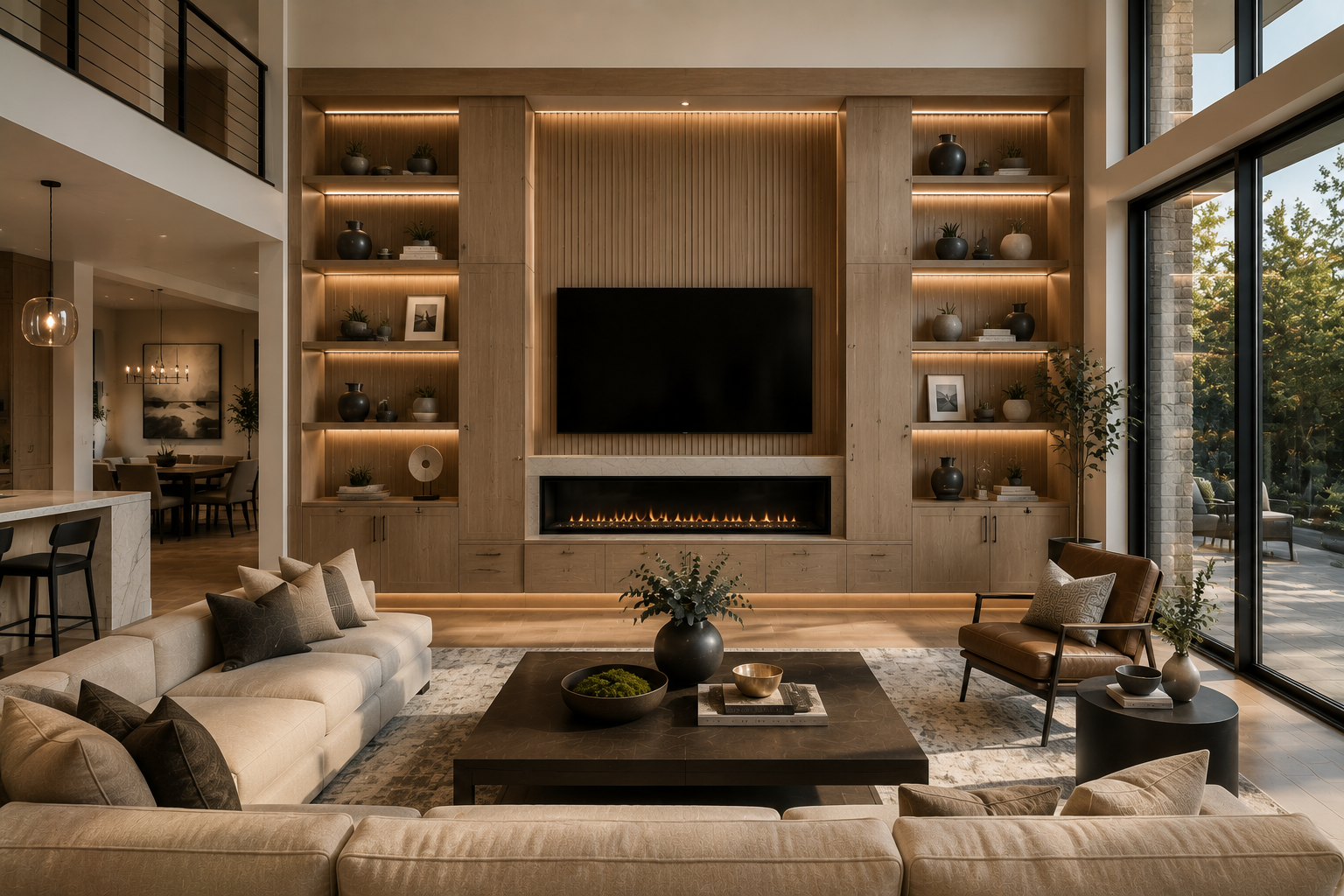Luxury Texas living room with floor-to-ceiling built-in cabinetry, fireplace, TV, open shelving, and LED lighting