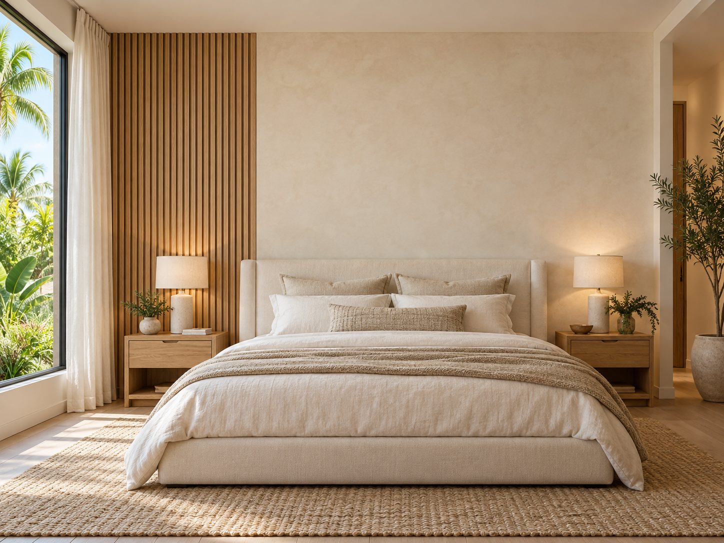 Modern bedroom with a large bed, beige bedding, two nightstands with lamps, potted plants, and a window with curtains showing palm trees outside.