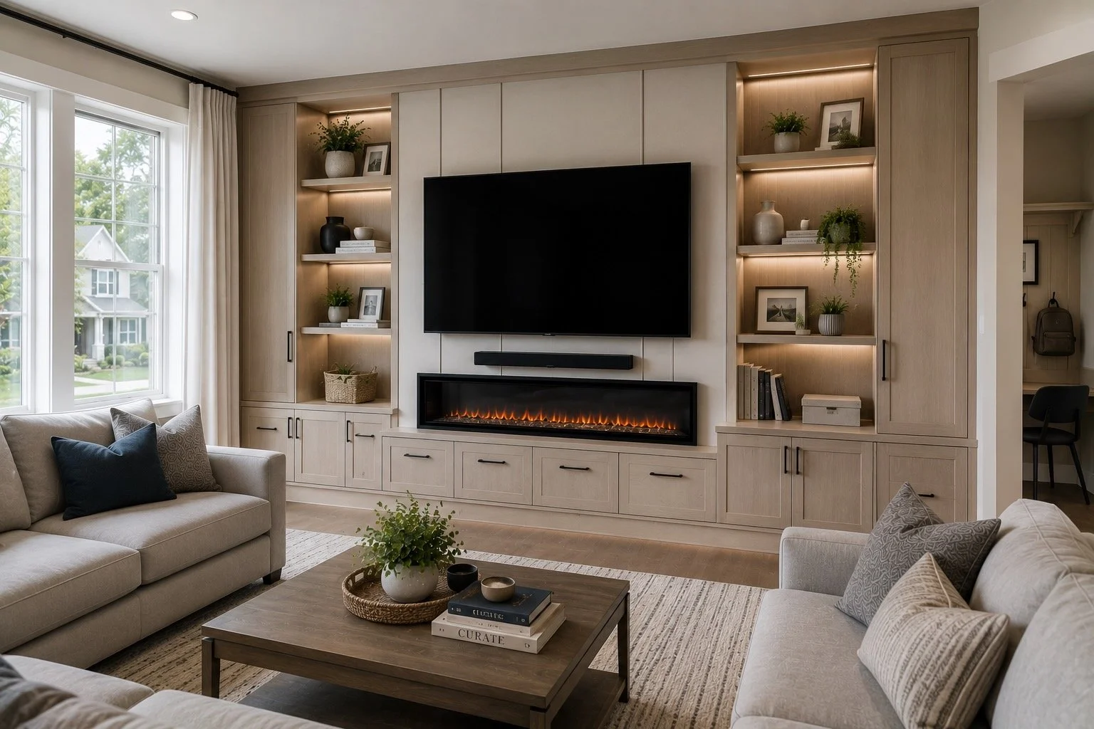 Family-friendly Raleigh media wall with storage cabinets and TV wall design
