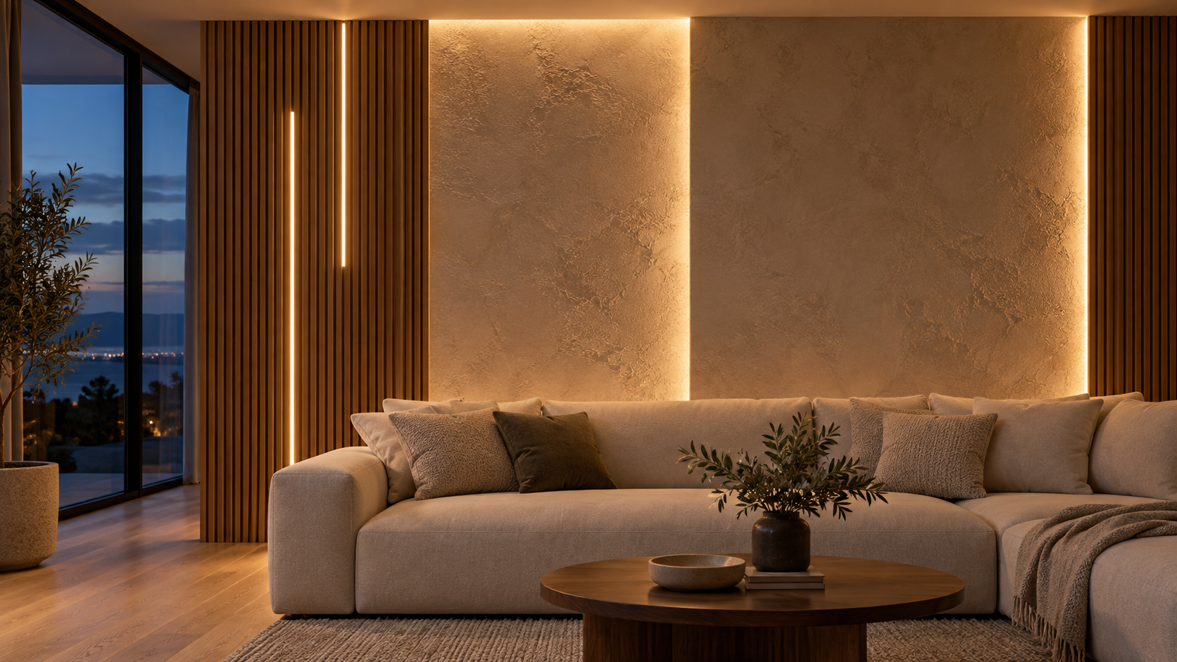 Warm LED accent lighting highlighting wood slats and textured wall panels in a contemporary living room.