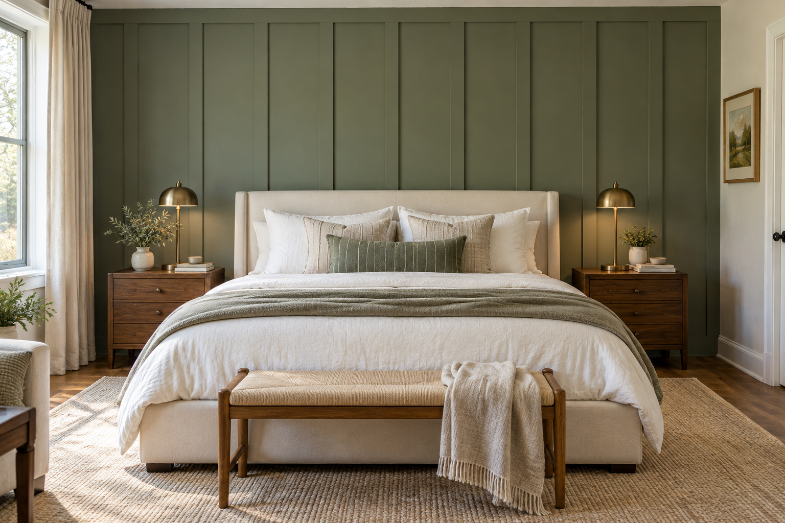 Sage green board-and-batten bedroom accent wall behind an upholstered bed with white linen.