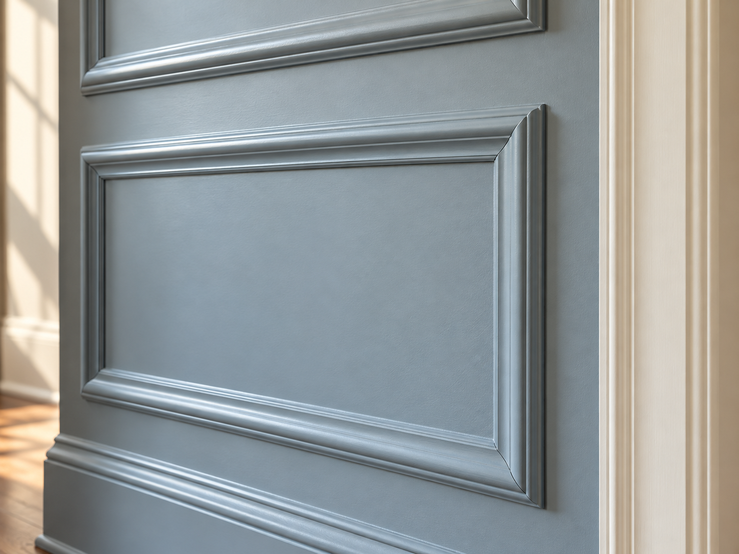 Close-up of a light blue decorative wall panel with silver trim and molding in a home interior.