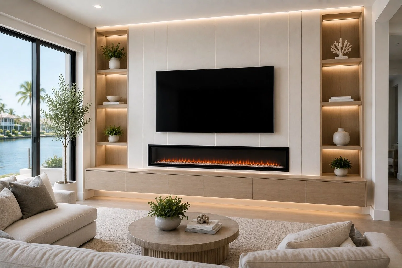 Modern media wall with linear electric fireplace, floating cabinet, and LED lighting in Florida living room