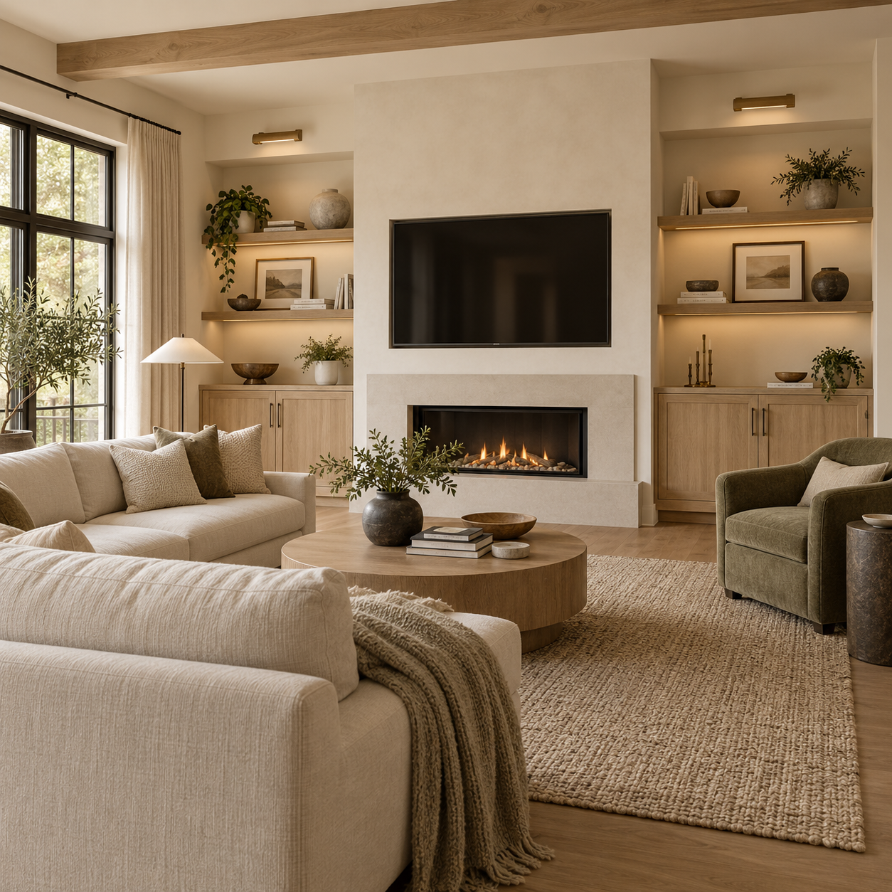 Living room with beige sofa, green armchair, wooden coffee table, built-in shelves with decor, and a fireplace with a TV mounted above, all in a cozy, modern style.