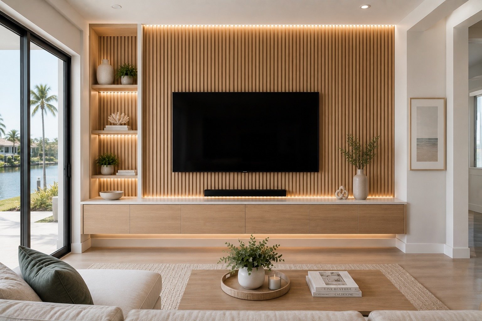 Custom white oak wood slat media wall with floating cabinet and LED lighting in Florida living room