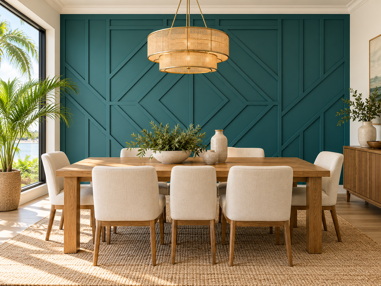 A dining room with a large wooden table surrounded by beige upholstered chairs. A blue accent wall with geometric paneling serves as the backdrop, with a large, circular beige pendant light hanging above the table. Natural light streams in from a large window on the left, revealing greenery outside. The table has a decorative centerpiece of plants in a large bowl and vases. A wooden sideboard with vases and greenery is on the right, and a potted plant is near the window.