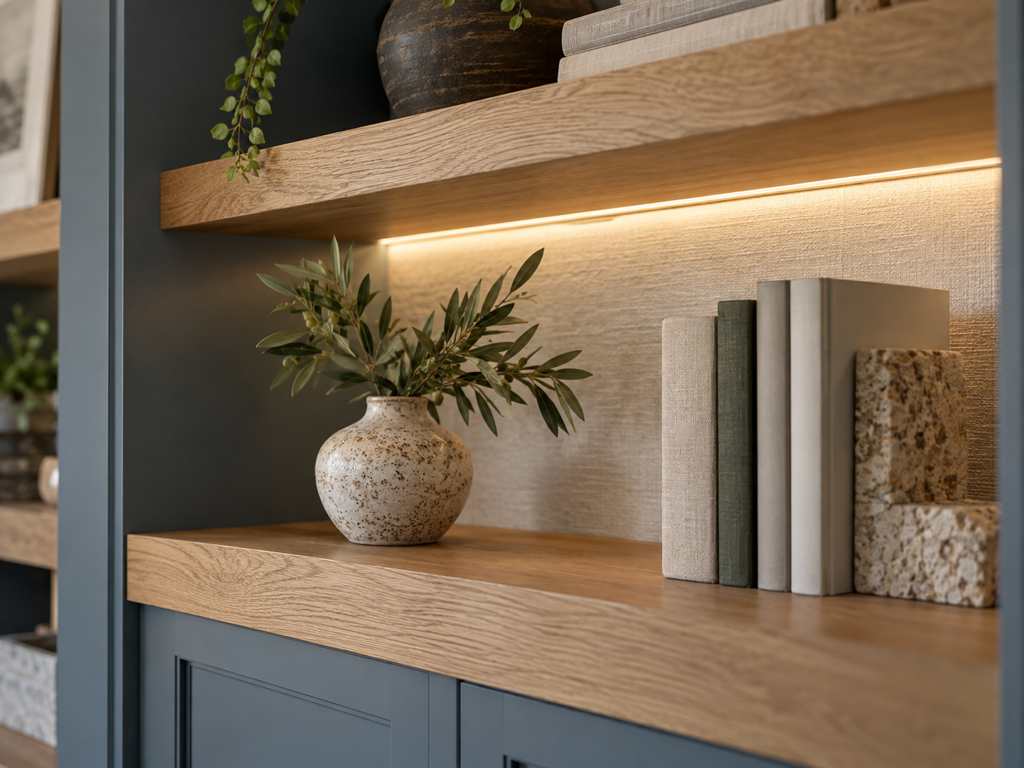 A modern bookshelf with a potted plant, a few books, and decorative stones, with warm built-in lighting.