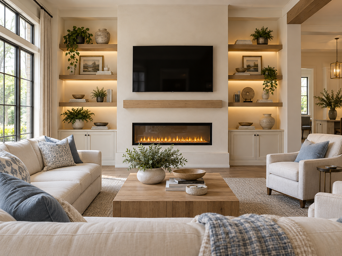 A modern living room with a neutral palette featuring a fireplace, a mounted flat-screen TV, built-in shelves with decorative items and books, large windows with curtains, and beige sofas with blue and gray pillows.