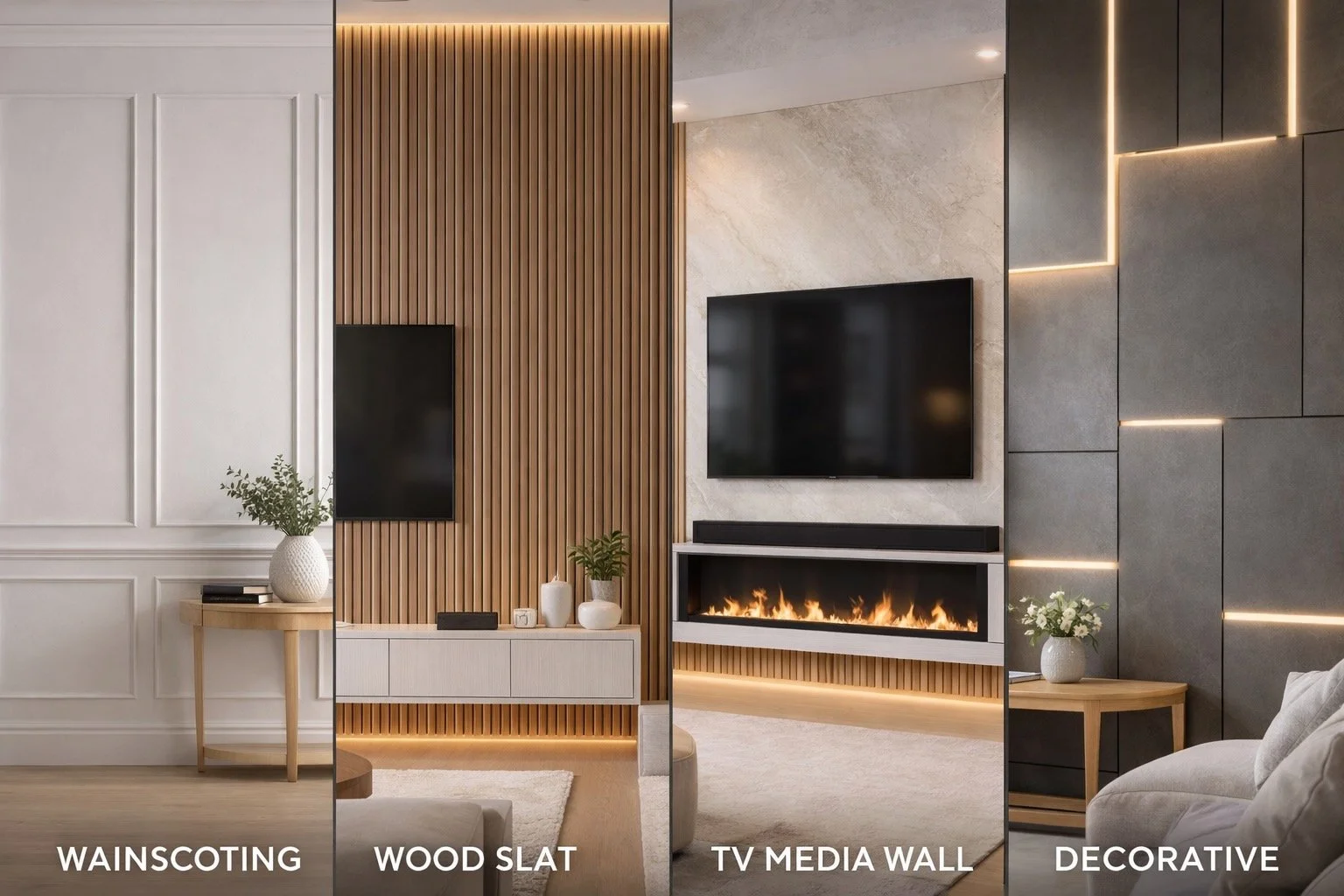 Different types of accent walls including wainscoting and media walls