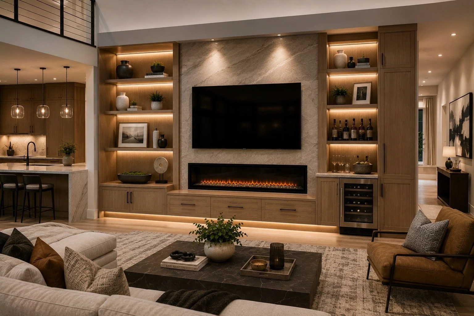 Luxury Texas feature wall with built-in cabinetry, linear fireplace, stone panels, and integrated LED lighting