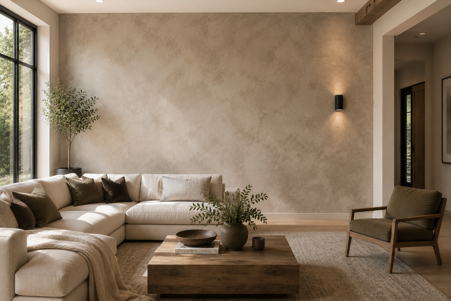 Warm greige limewash accent wall in a modern Texas living room