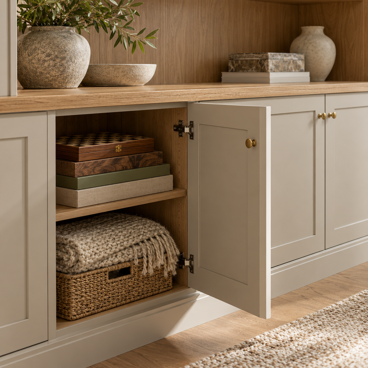 Open kitchen cabinet with woven basket, folded blanket, and stacked boxes inside, top decorated with potted plants and books.