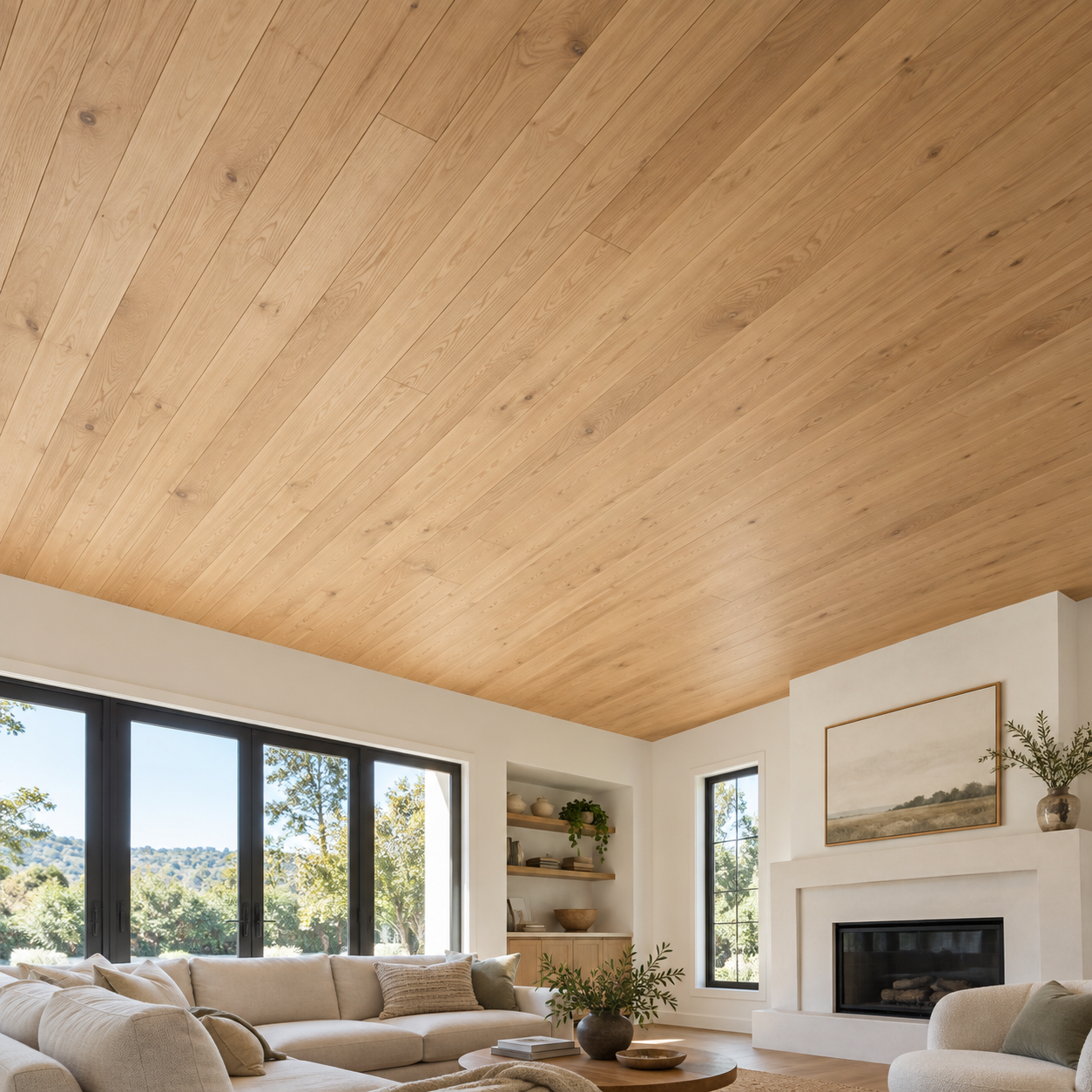 Living room with a wooden ceiling, large windows showing trees outside, beige sofas, a fireplace with a framed landscape painting, open shelves with decor, and a potted plant.