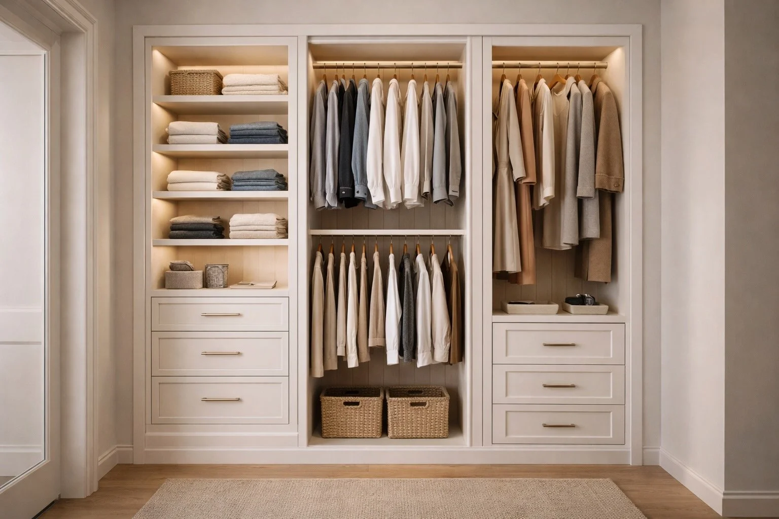 Reach-in closet with built-in shelves, drawers, and hanging storage