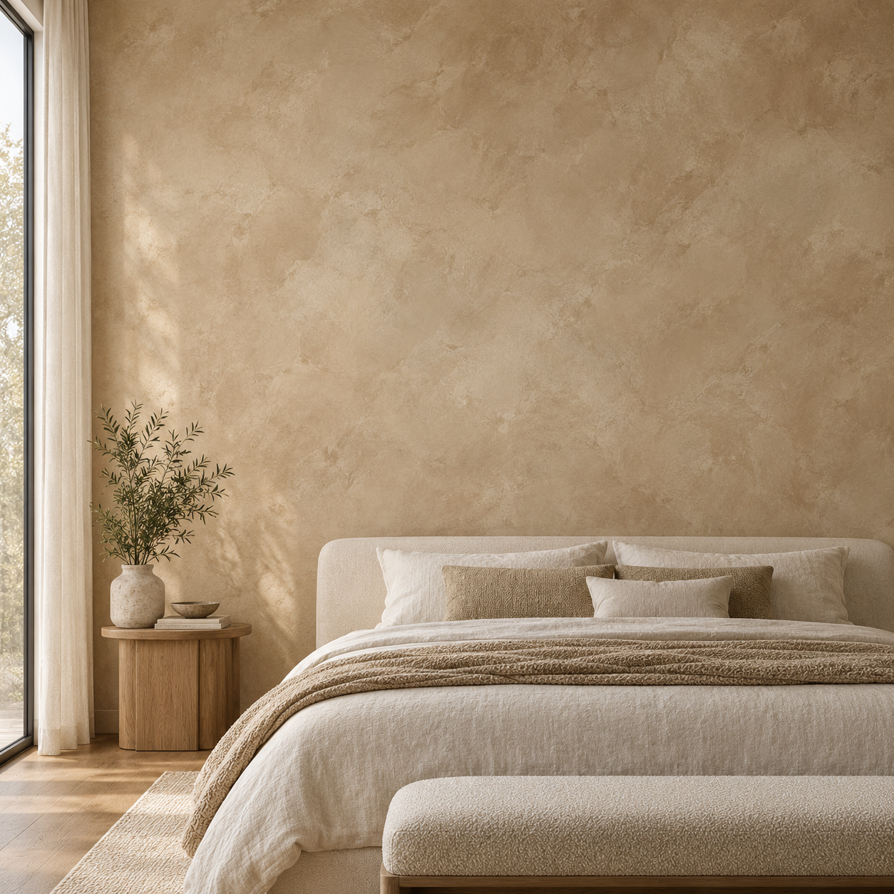 Warm beige limewash accent wall with soft tonal variations behind an upholstered bed.
