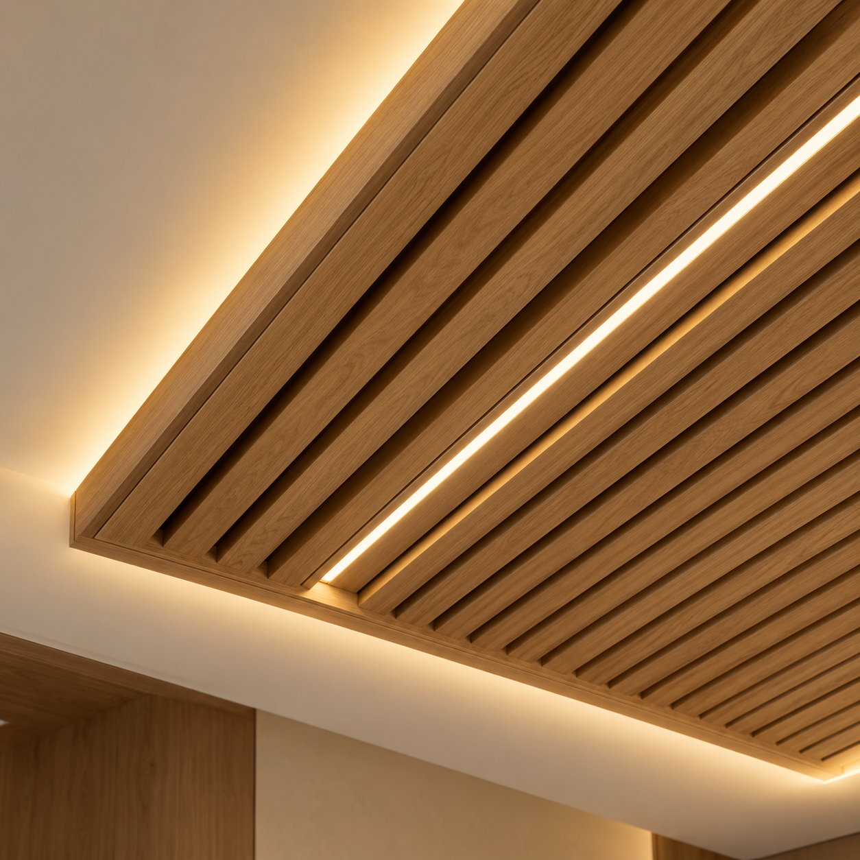 Ceiling with wooden slats and integrated lighting.
