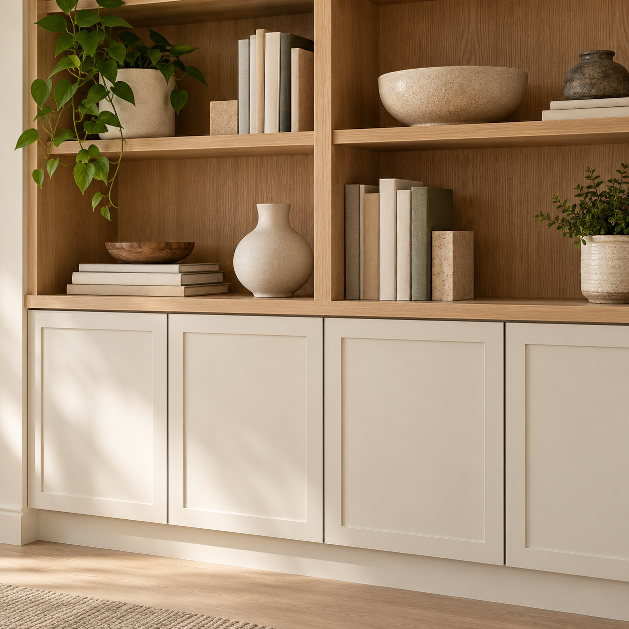 Wooden bookshelf containing decorative pottery, potted plants, and books, with a white cabinet below.