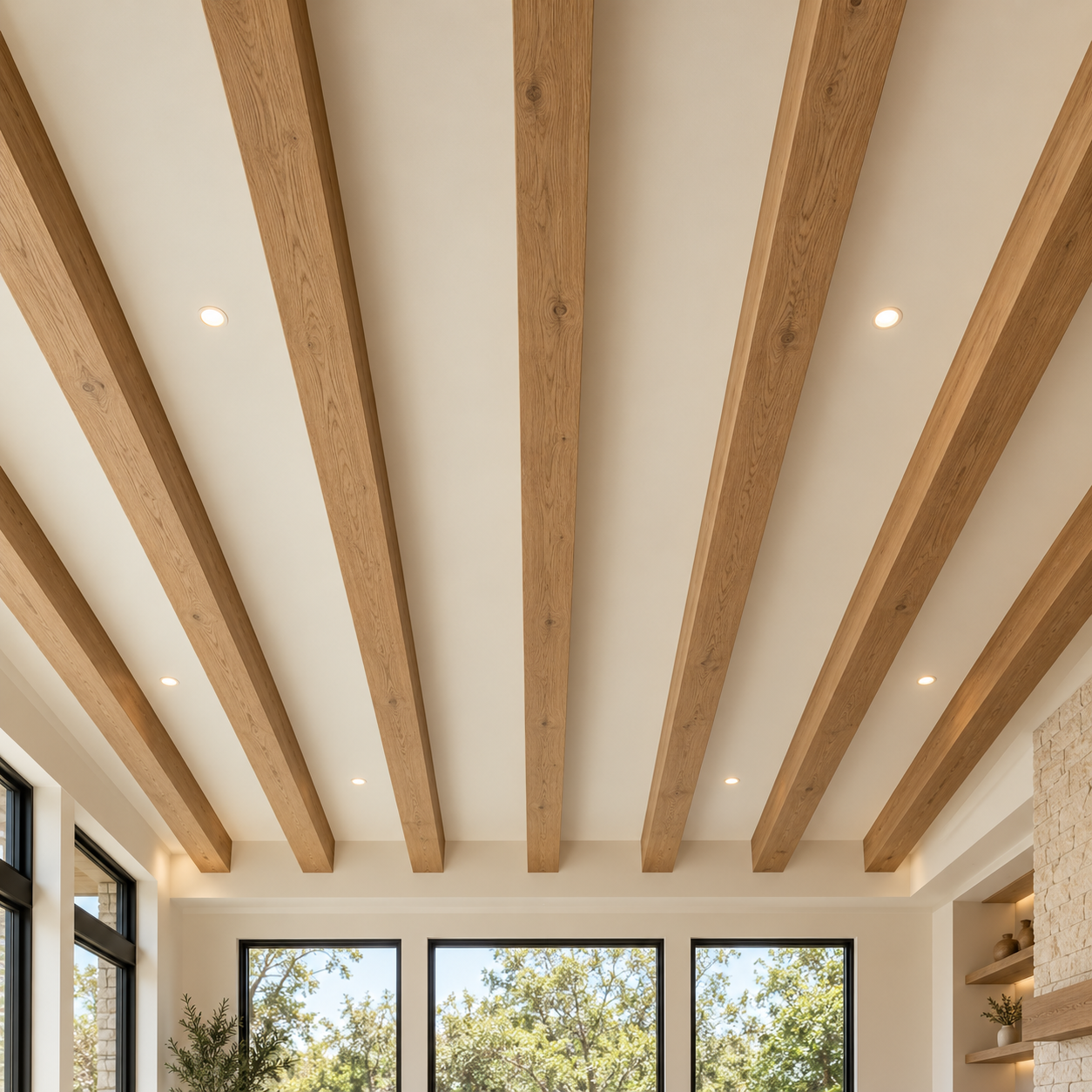 Ceiling with wooden beams and recessed lights in a modern living room with large windows showing trees outside.
