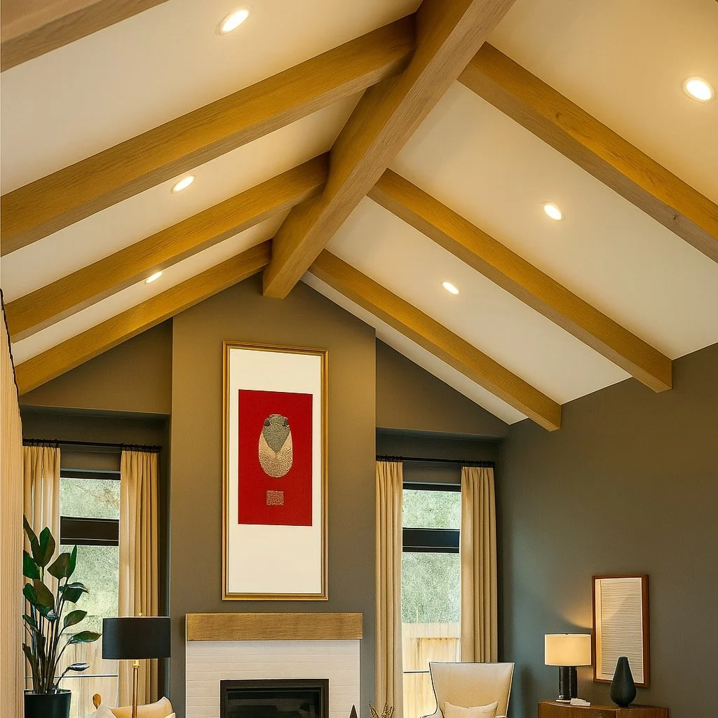 Living room with vaulted ceiling featuring light oak wood beams and integrated recessed lighting above a modern fireplace.