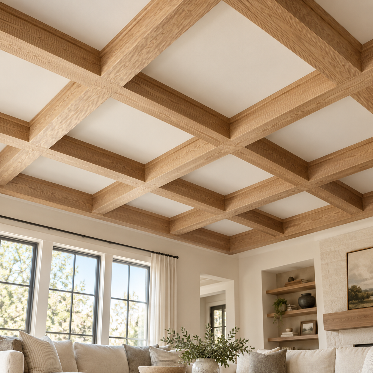 Decorative oak ceiling beams arranged in a grid above a bright living room.