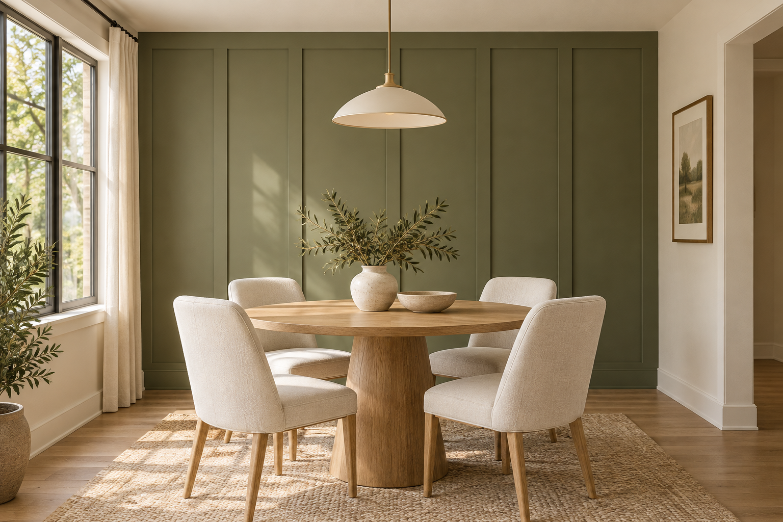A dining room with a round wooden table, four beige upholstered chairs, a green accent wall, a large window with cream curtains, potted plants, a beige rug, a framed landscape picture, and a white pendant light hanging above the table with a vase and bowl on it.