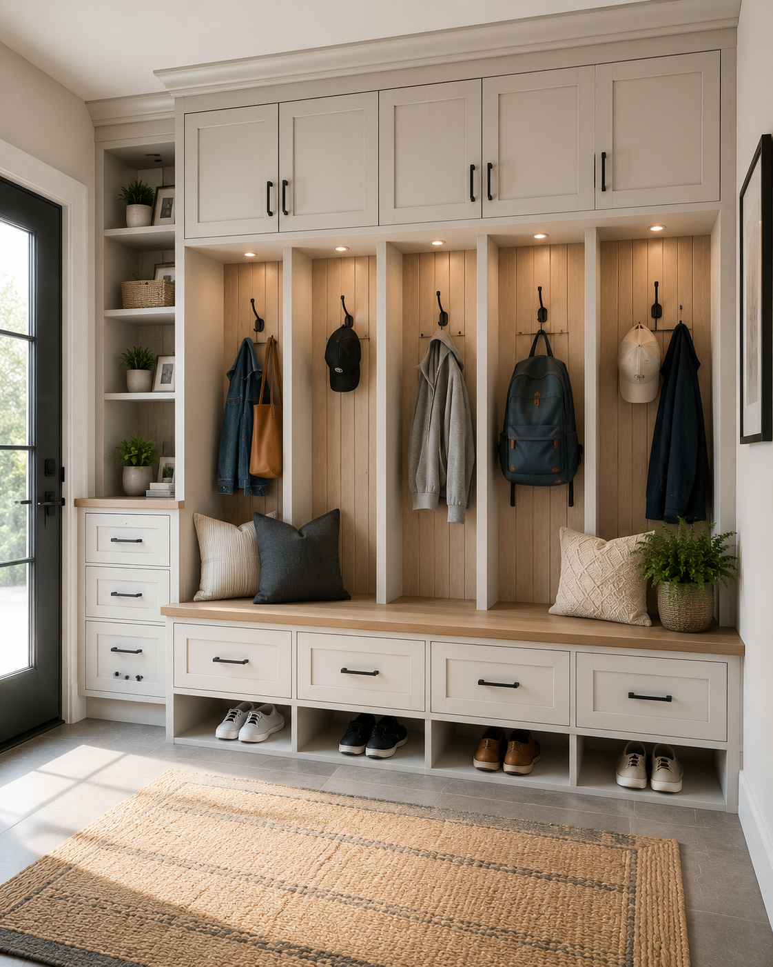 Family mudroom built-ins with bench seating, lockers, shoe storage, hooks, drawers, and upper cabinets