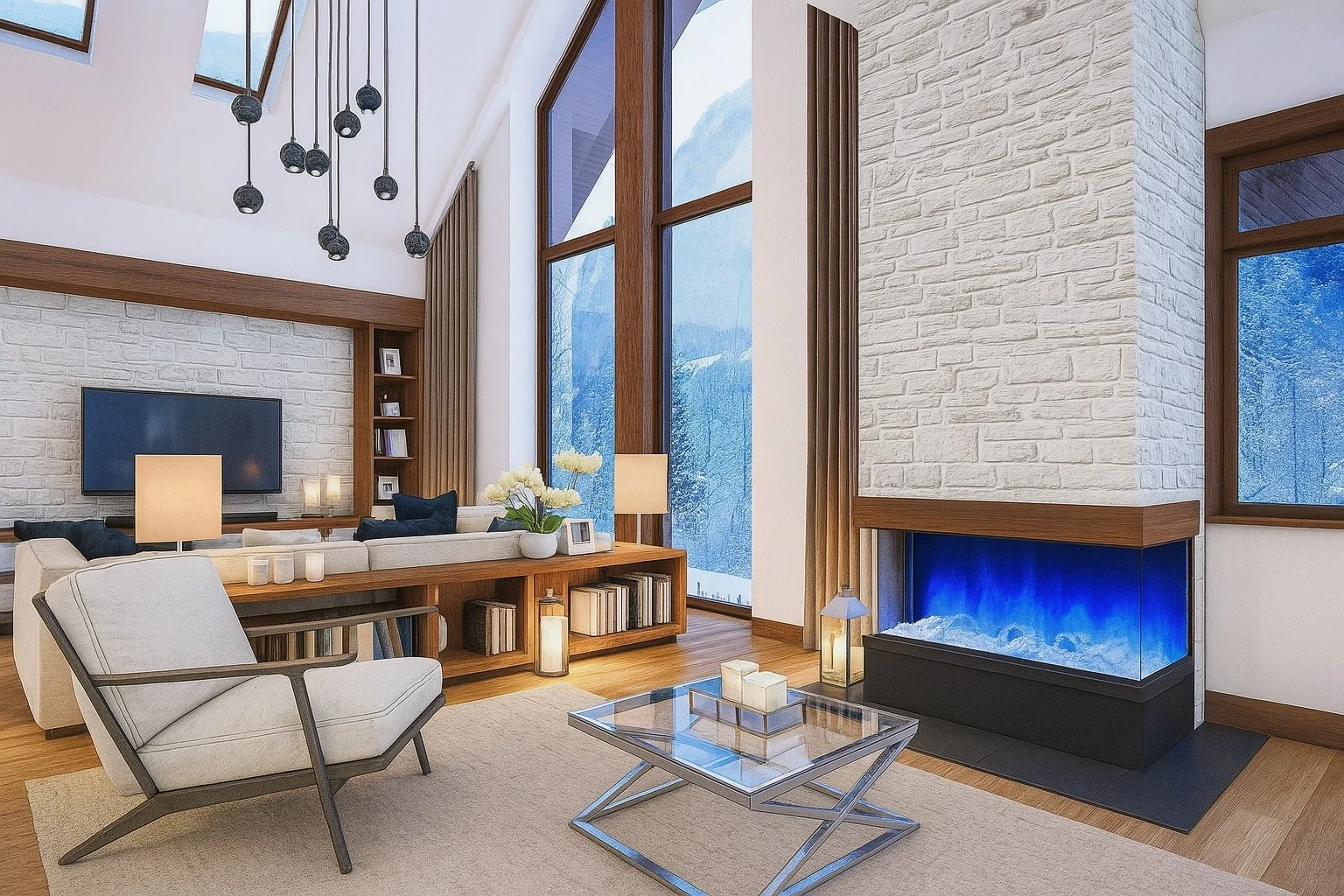 Three-Sided Electric Fireplace in a Modern Rustic Living Room