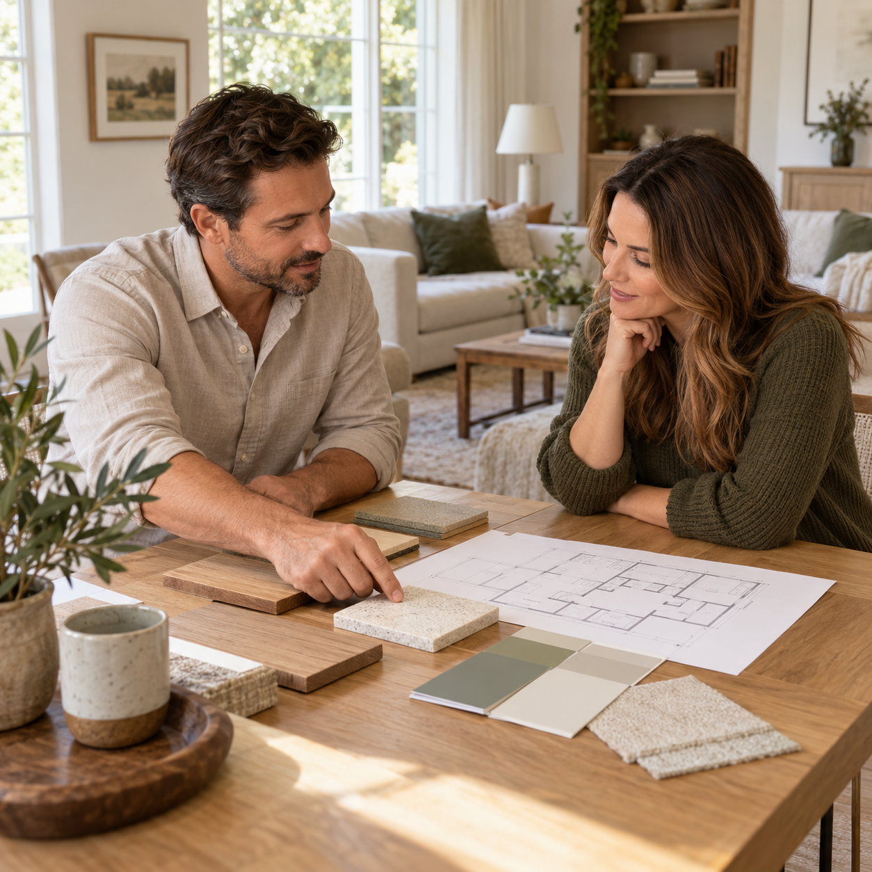 A man and woman discussing home interior design with paint swatches and floor plans on a wooden table in a bright living room.